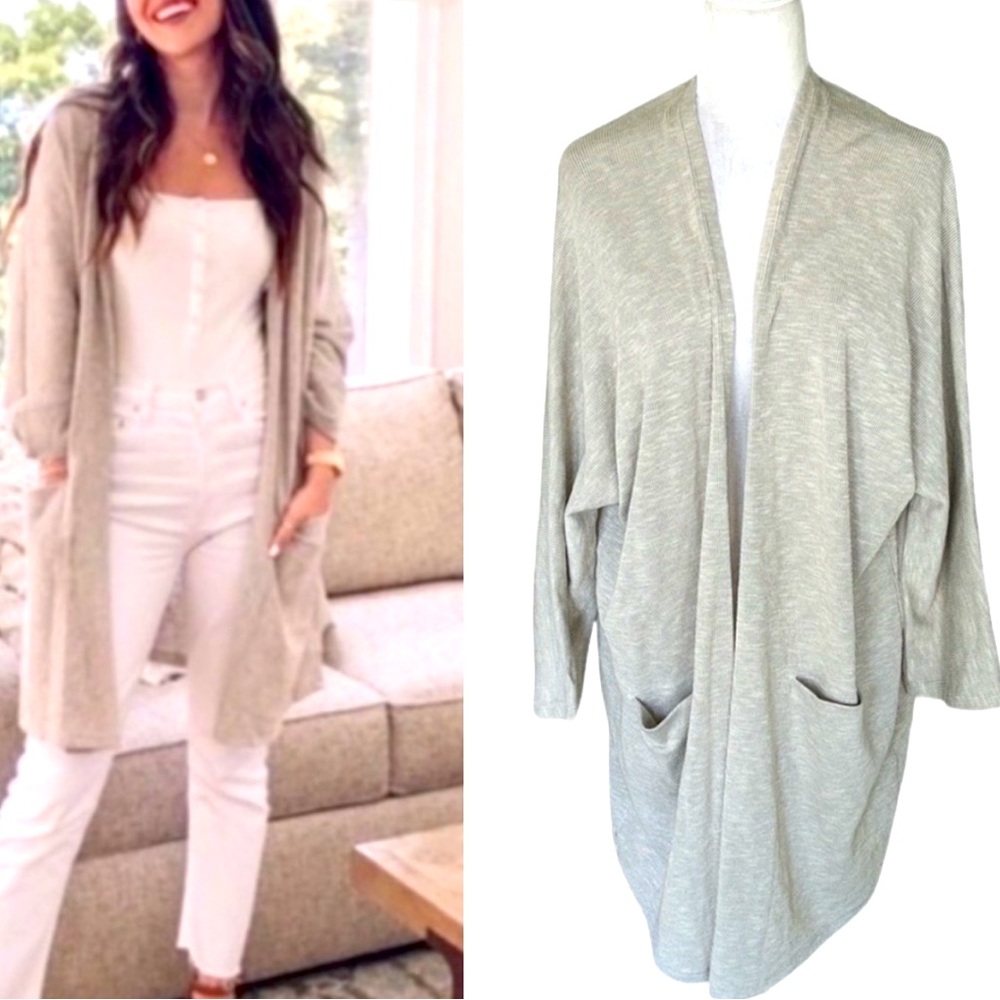 Anthropologie Donni Sandwash Ribbed Gray & White Duster Cardigan - Sz OSFA